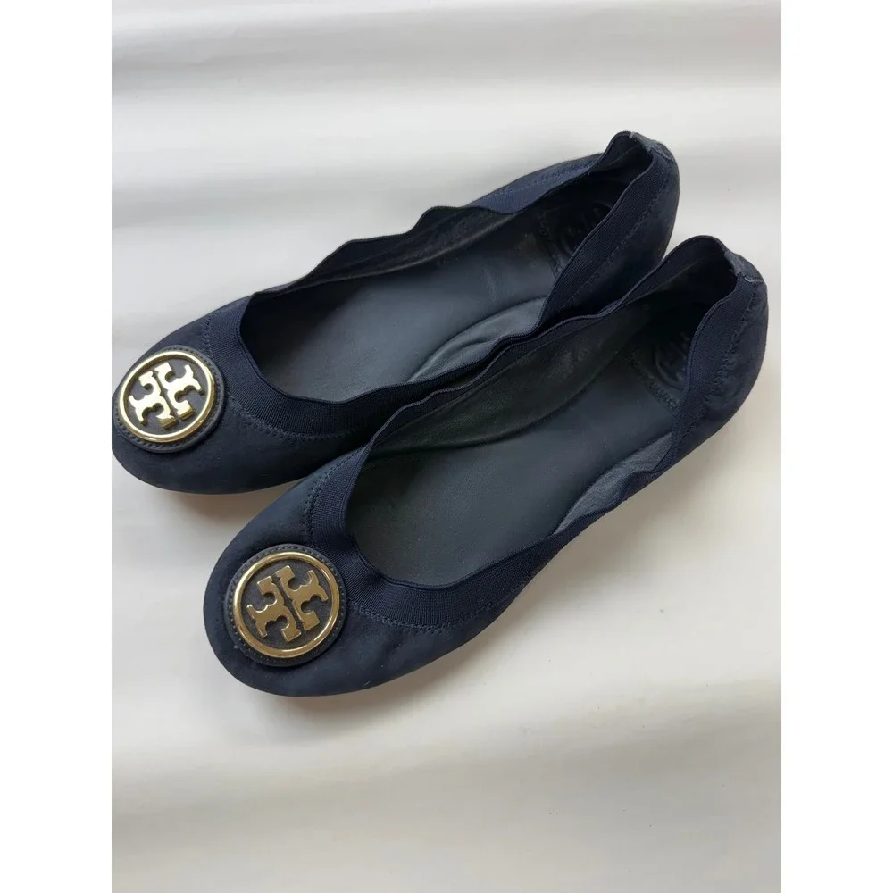 Tory Burch Caroline Navy Suede Leather Flats Sz 9 Gold Logo